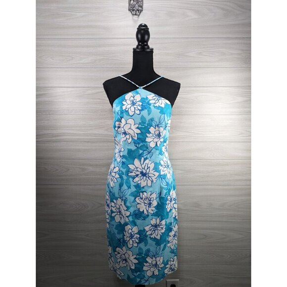 David Meister Teal Blue Floral Halter Tie Back Dress - Picture 9 of 9